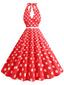 Abito a ruota a pois con scollo all'americana anni '50