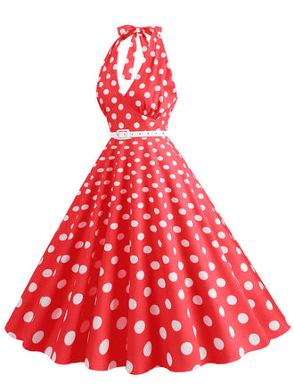 Abito a ruota a pois con scollo all'americana anni '50