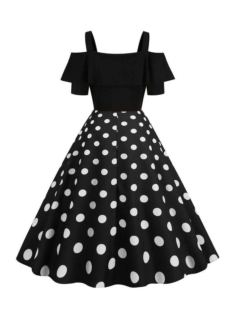 Abito con spalline a pois patchwork nero anni '50