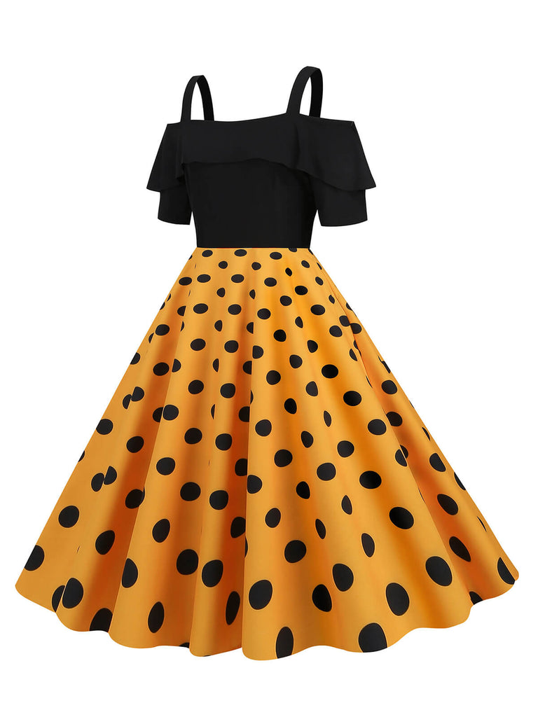Abito con spalline a pois patchwork nero anni '50