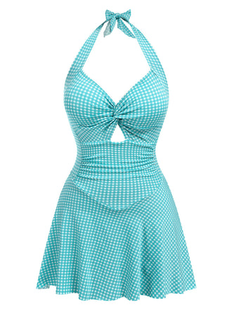 Costumi intero scollo all'americana plaid blu verde anni '30