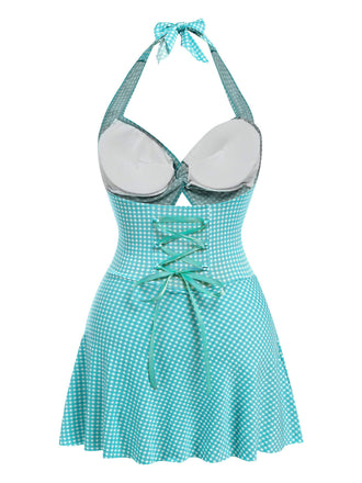 Costumi intero scollo all'americana plaid blu verde anni '30