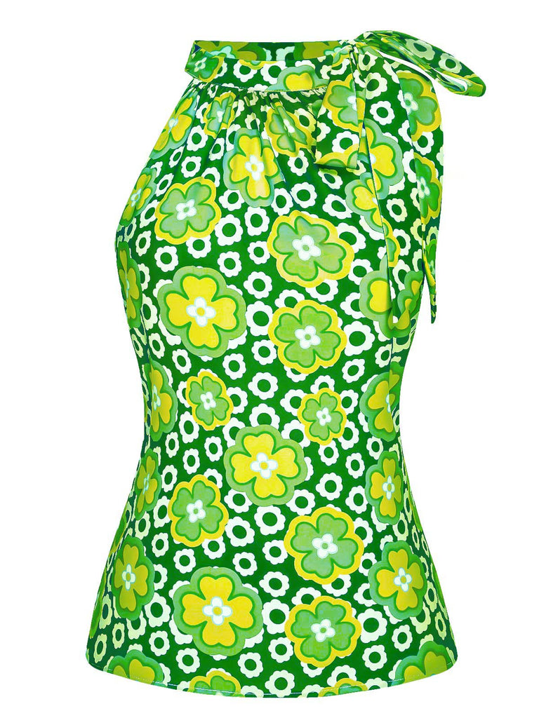 Top senza maniche floreale collo verde anni '60