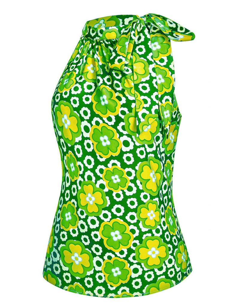Top senza maniche floreale collo verde anni '60