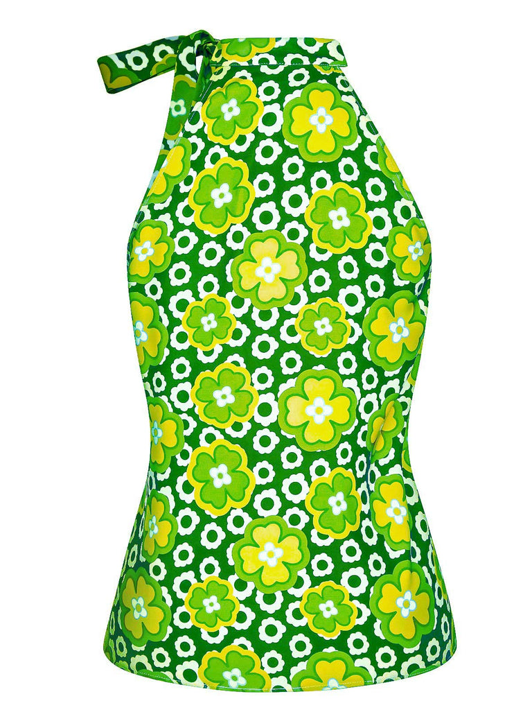 Top senza maniche floreale collo verde anni '60