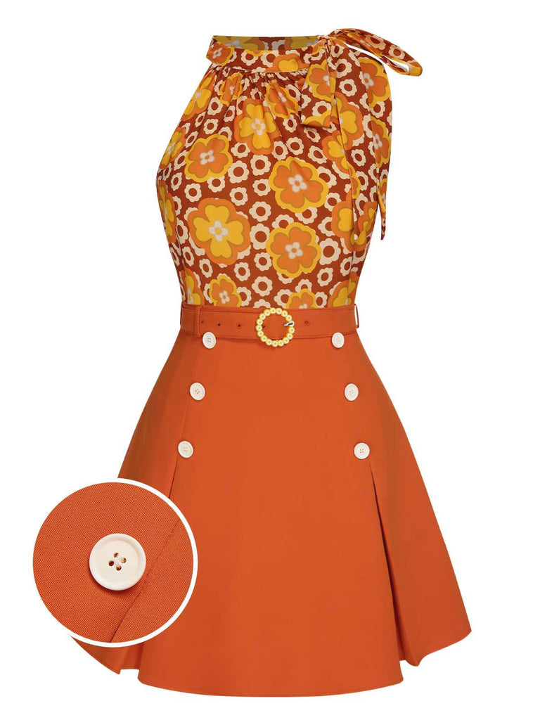 2PCS Top floreale scollo a cravatta e gonna bottoni verde anni '60