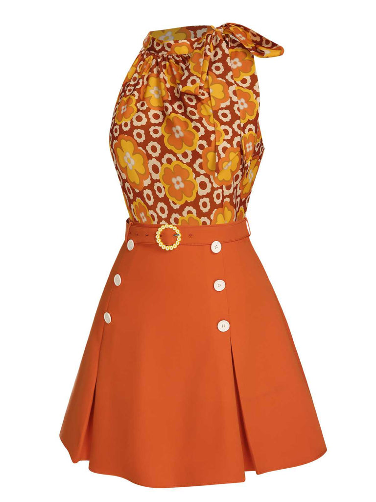 2PCS Top floreale scollo a cravatta e gonna bottoni verde anni '60