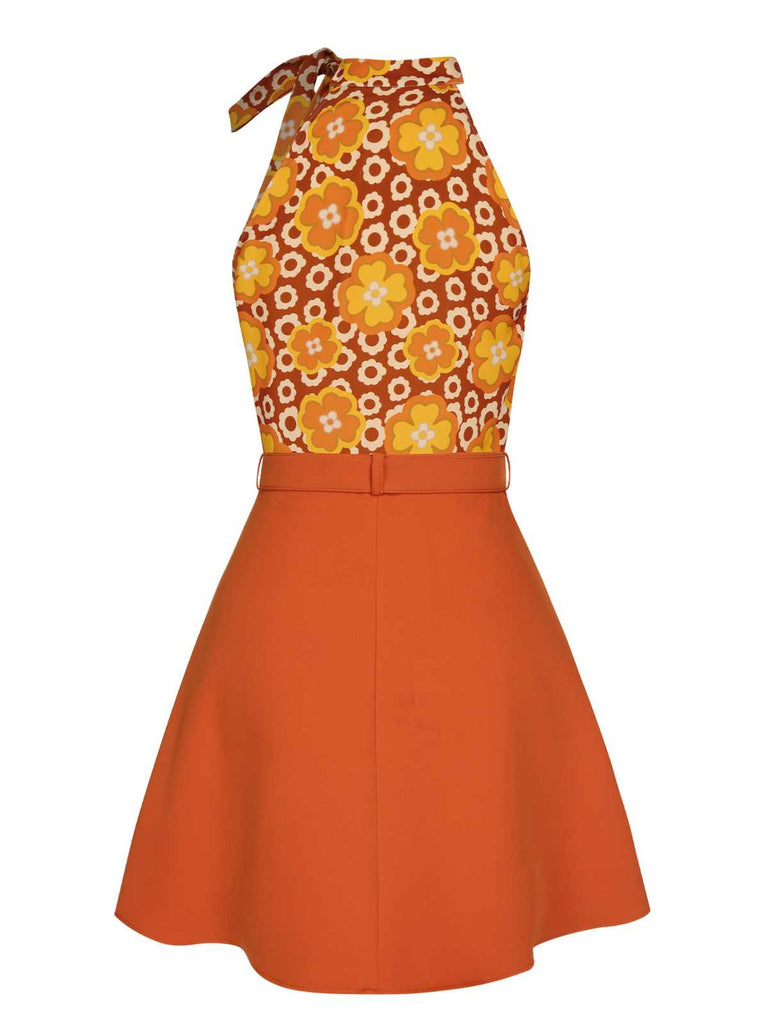 2PCS Top floreale scollo a cravatta e gonna bottoni verde anni '60
