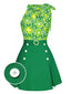 2PCS Top floreale scollo a cravatta e gonna bottoni verde anni '60