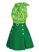2PCS Top floreale scollo a cravatta e gonna bottoni anni '60