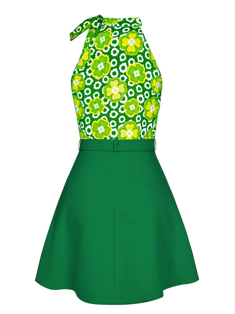 2PCS Top floreale scollo a cravatta e gonna bottoni verde anni '60