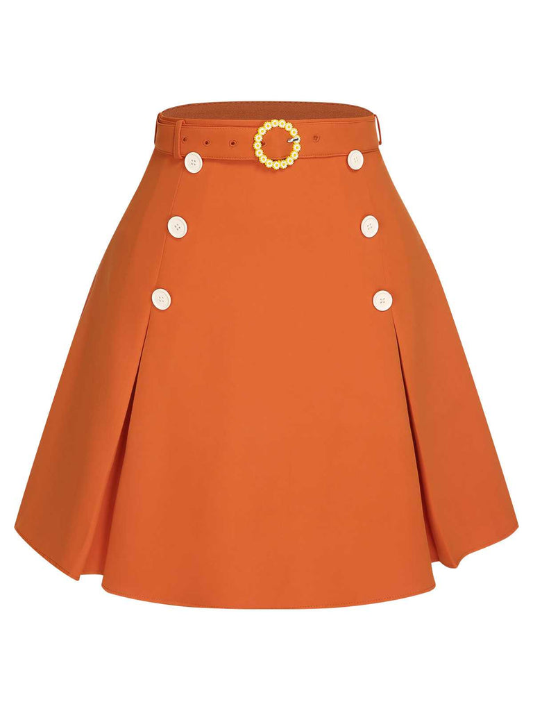Gonna cintura bottoni in tinta unita rosso arancione anni '60