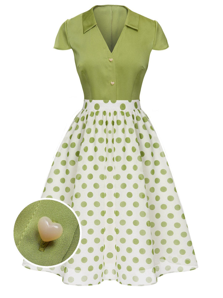 2PCS Camicia con bottoni e gonna a pois verde anni '40