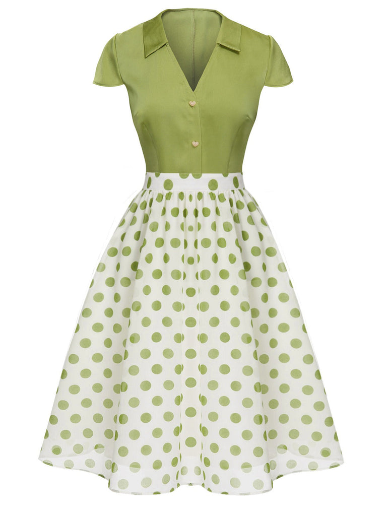 2PCS Camicia con bottoni e gonna a pois verde anni '40