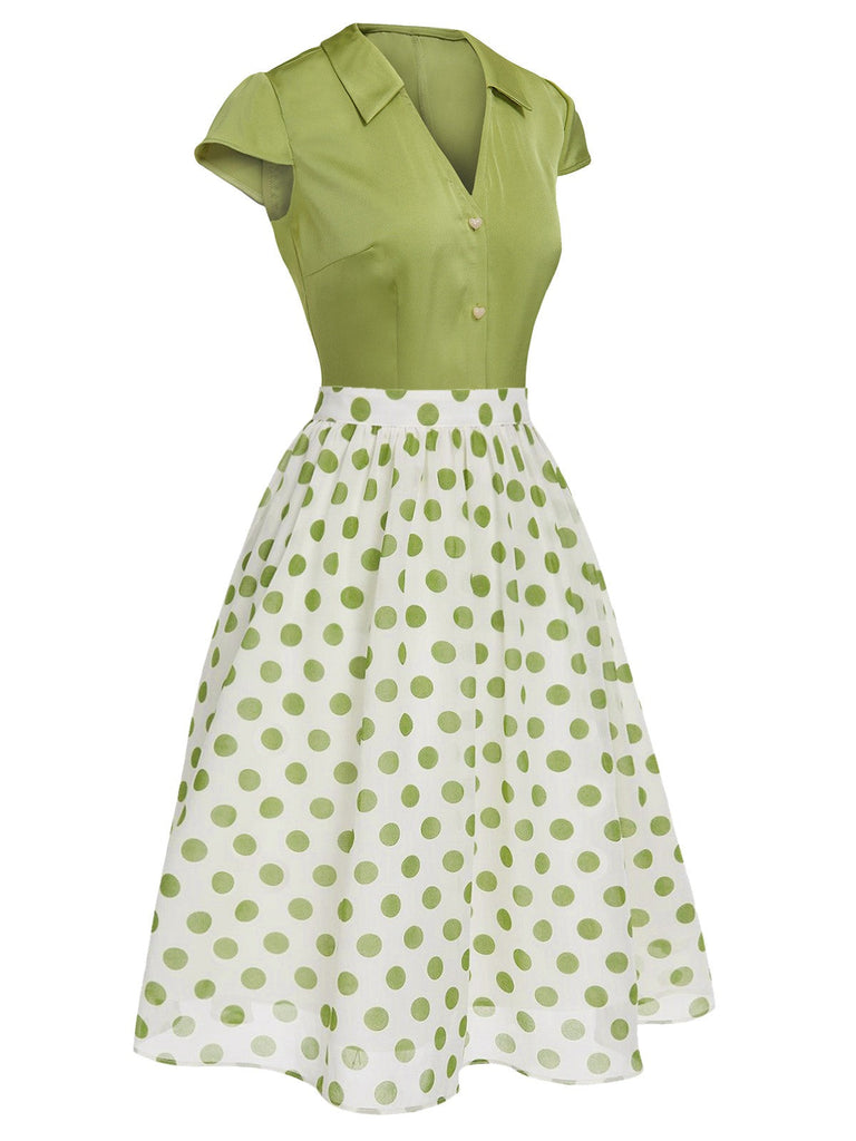 2PCS Camicia con bottoni e gonna a pois verde anni '40