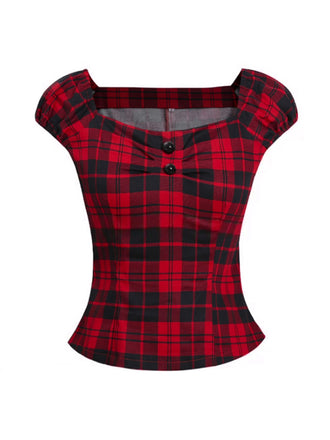 Top a quadri  con scollo quadrato rosso anni '50