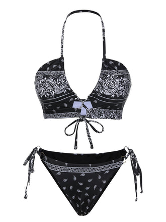 Set bikini fiori di anacardi con lacci nero anni '30