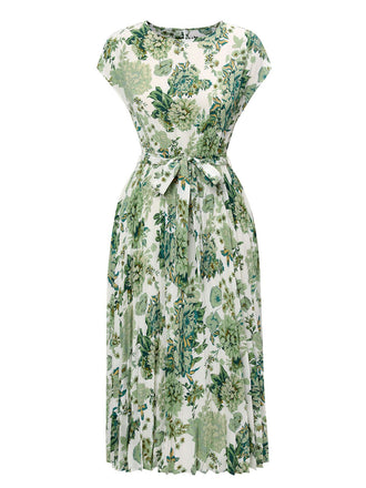 Abito floreale cintura scollo rotondo verde anni '40