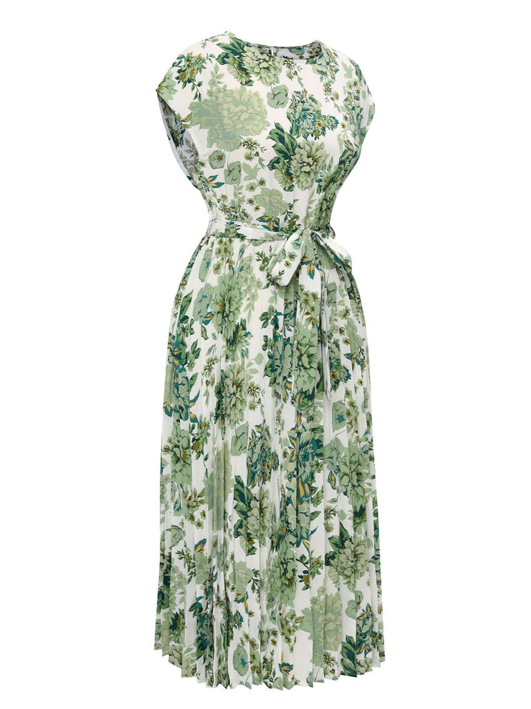 Abito floreale cintura scollo rotondo verde anni '40