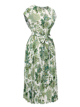 Abito floreale cintura scollo rotondo verde anni '40