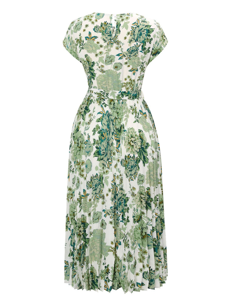 Abito floreale cintura scollo rotondo verde anni '40