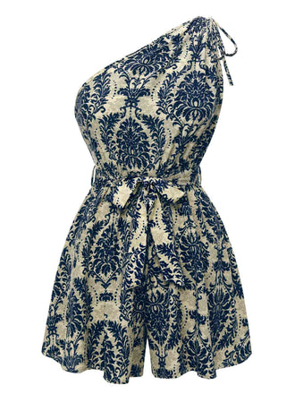 Tuta corta monospalla con stampa floreale blu anni '50