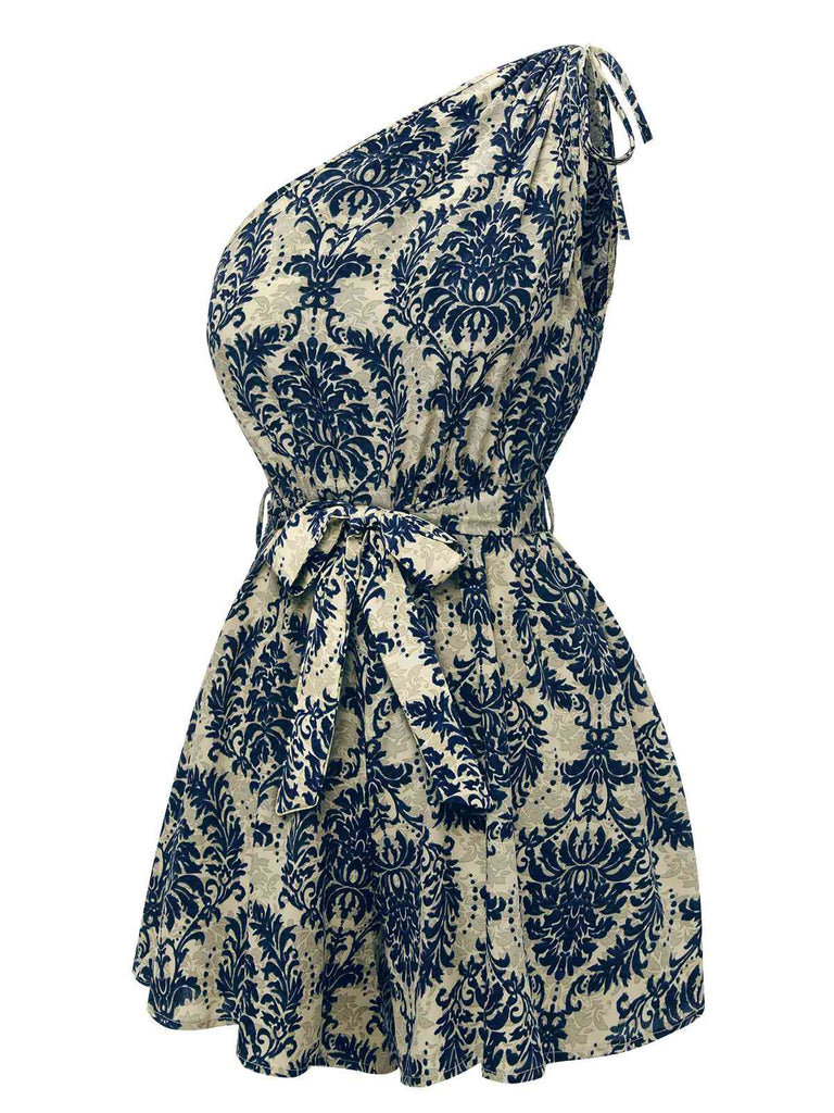Tuta corta monospalla con stampa floreale blu anni '50