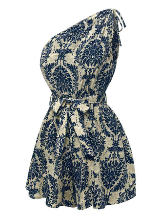 Tuta corta monospalla con stampa floreale blu anni '50