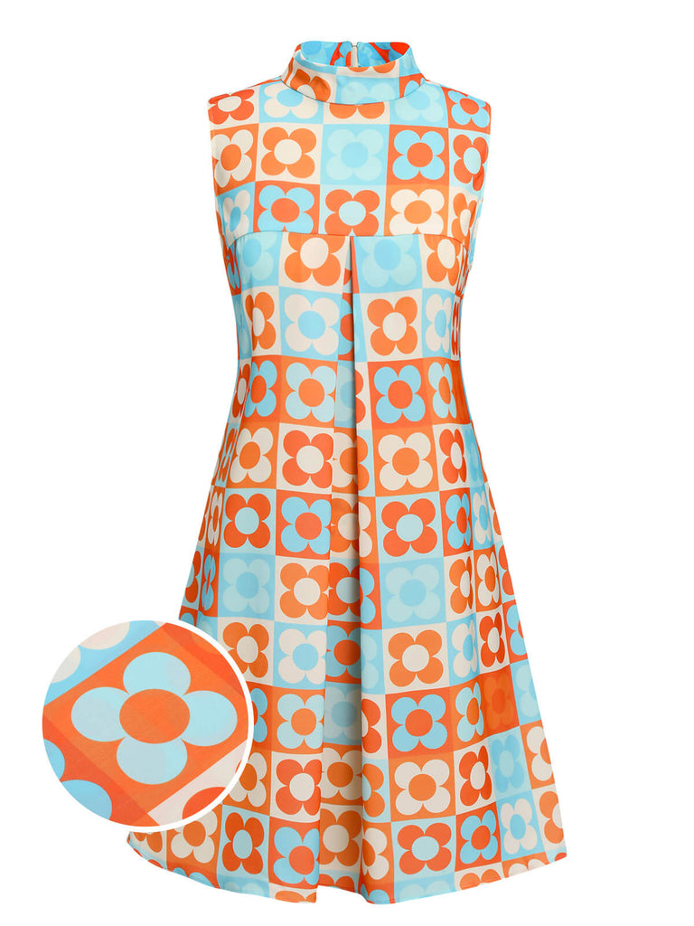 Abito colletto alto floreale arancione blu anni '60