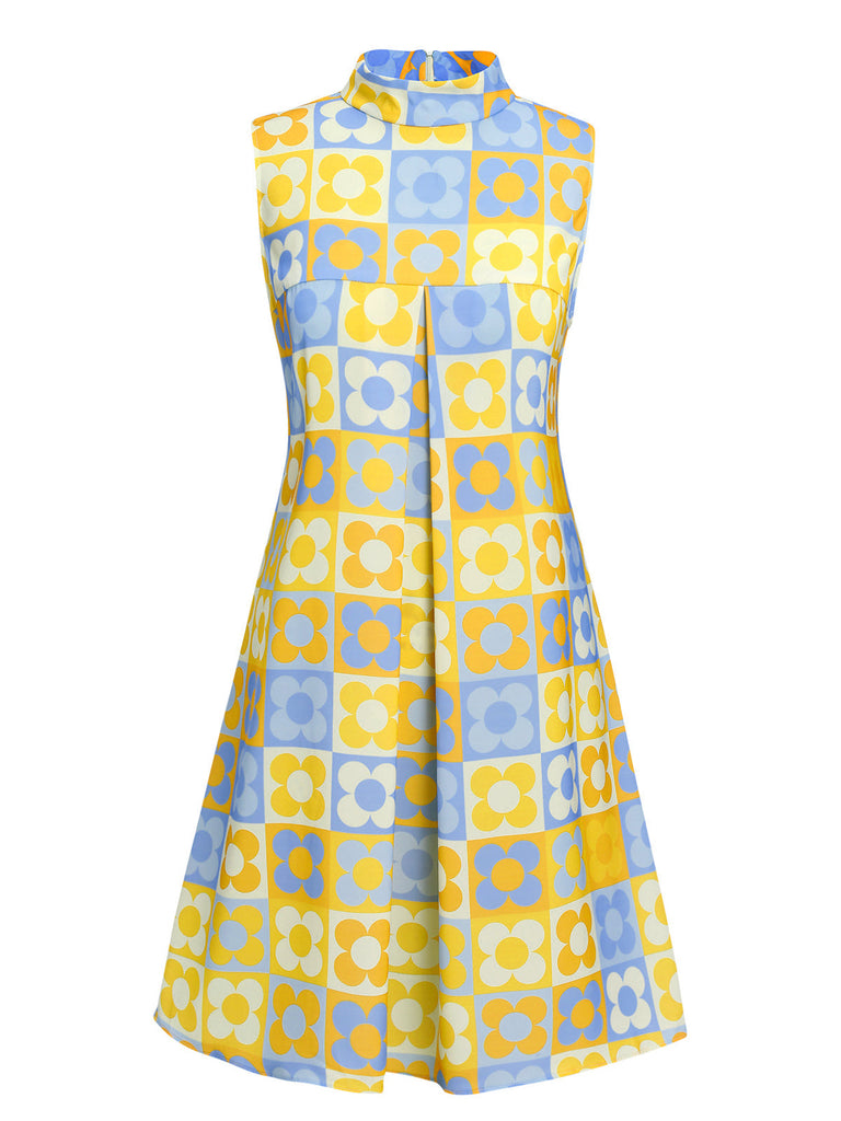 Abito colletto alto floreale arancione blu anni '60
