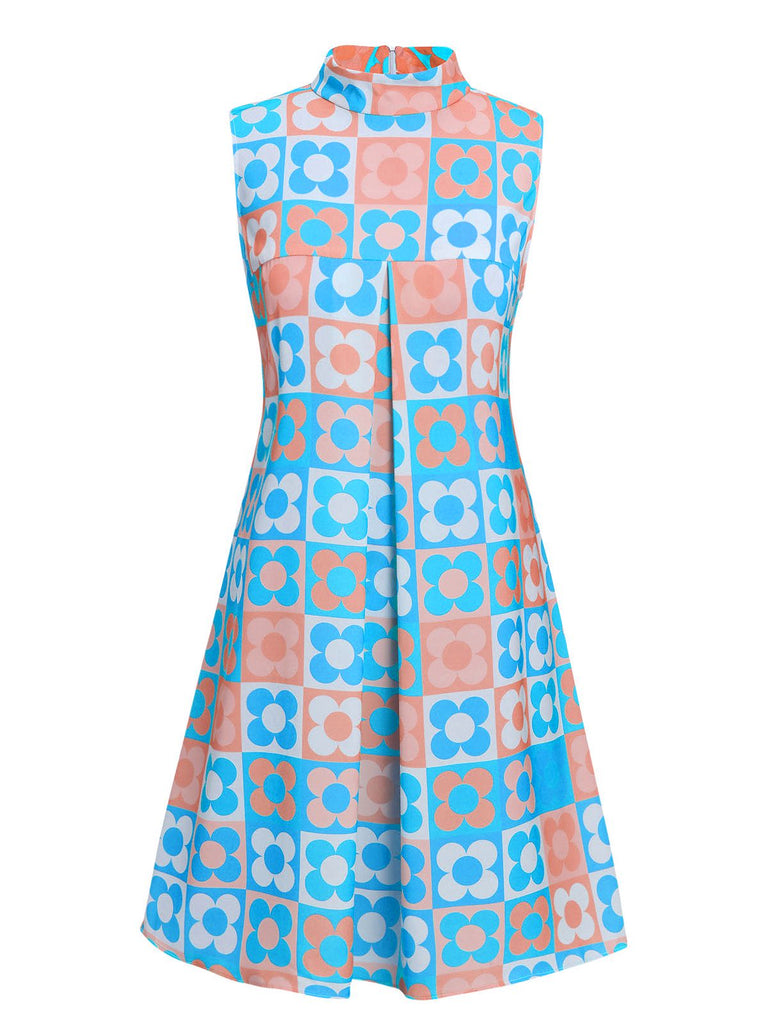 Abito colletto alto floreale arancione blu anni '60