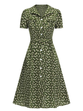 Abito bottoni a risvolto a fiori delicati verde anni '40