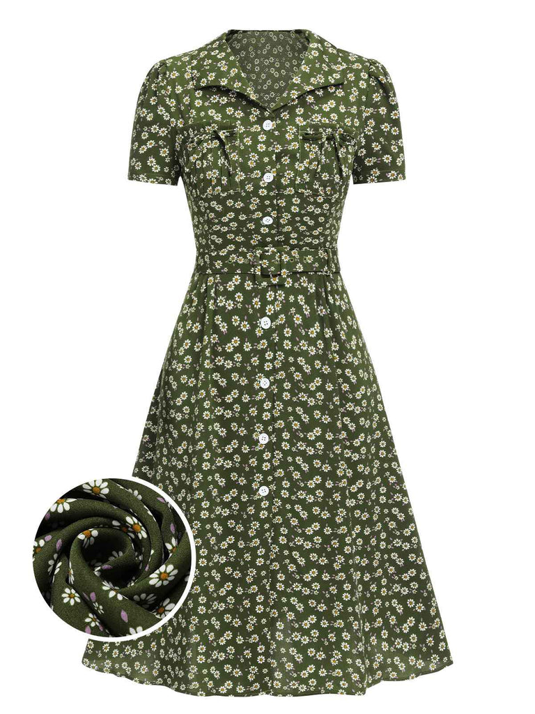 Abito bottoni a risvolto a fiori delicati verde anni '40