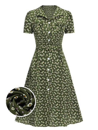 Abito bottoni a risvolto a fiori delicati verde anni '40