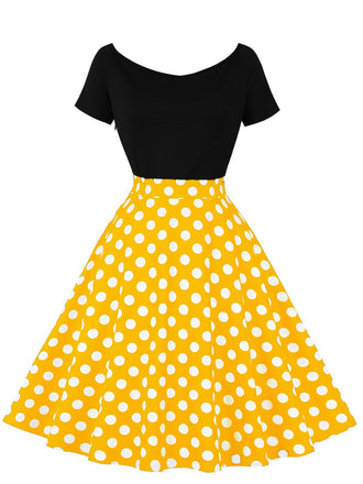 Abito a pois a maniche corte con patchwork anni '50