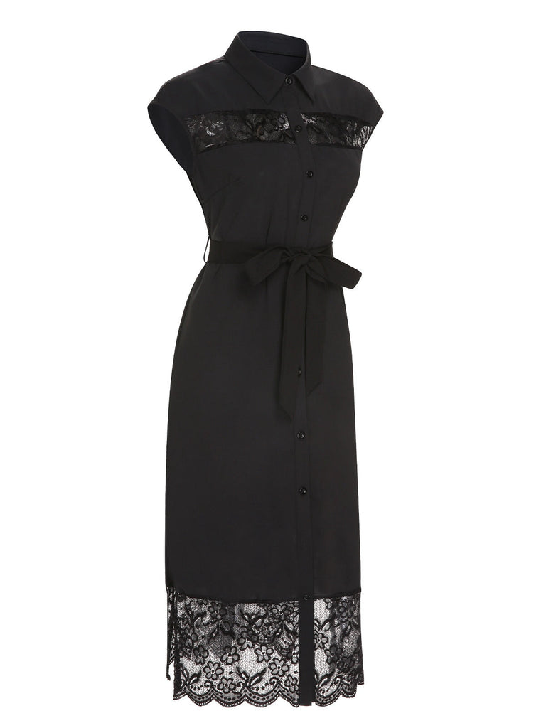 Abito in pizzo con cintura tinta unita nero anni '40