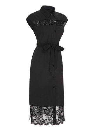 Abito in pizzo con cintura tinta unita nero anni '40