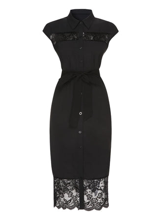 Abito in pizzo con cintura tinta unita nero anni '40