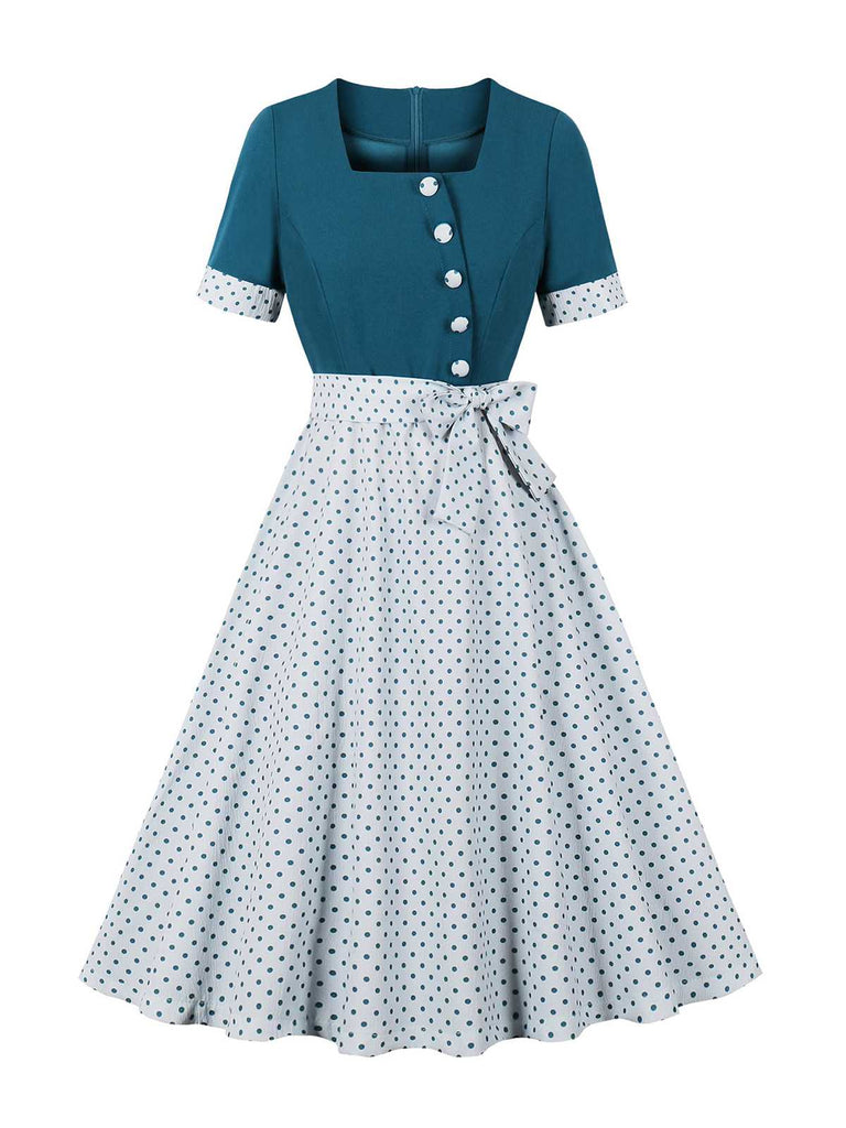 Abito a pois fiocco e scollo quadrato anni '50