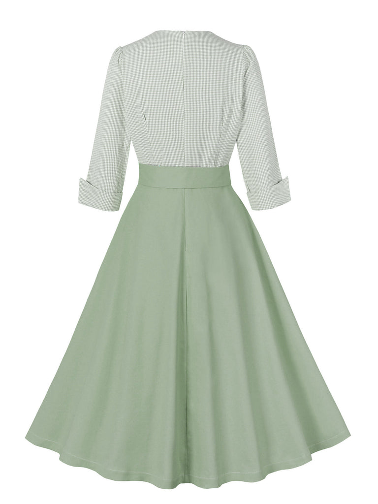 Abito con cintura arrotolabile plaid grigio verde pisello anni '50