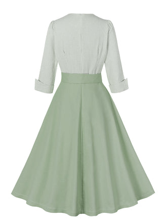 Abito con cintura arrotolabile plaid grigio verde pisello anni '50