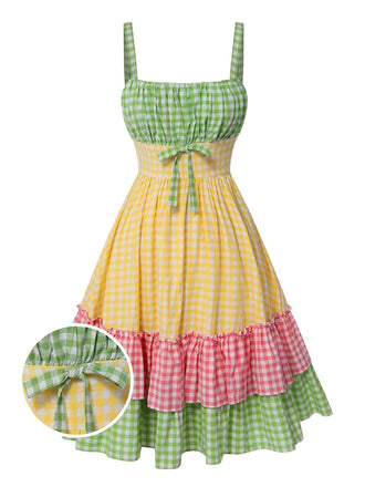 Abito patchwork multicolore anni '50 con spalline a quadri mostra
