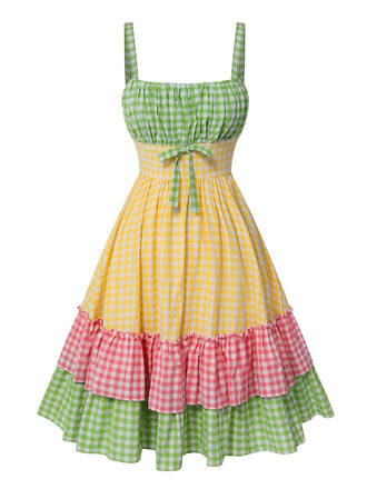 Abito patchwork multicolore anni '50 con spalline a quadri