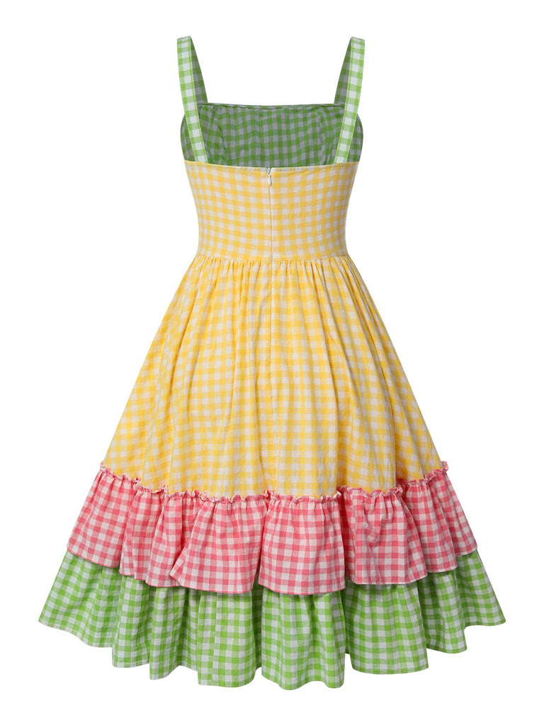 Abito patchwork multicolore anni '50 con spalline a quadri mostra