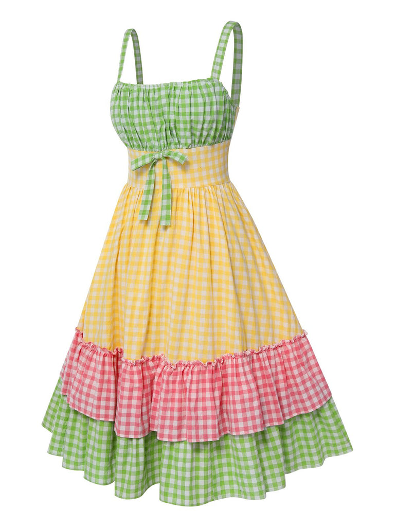 Abito patchwork multicolore anni '50 con spalline a quadri