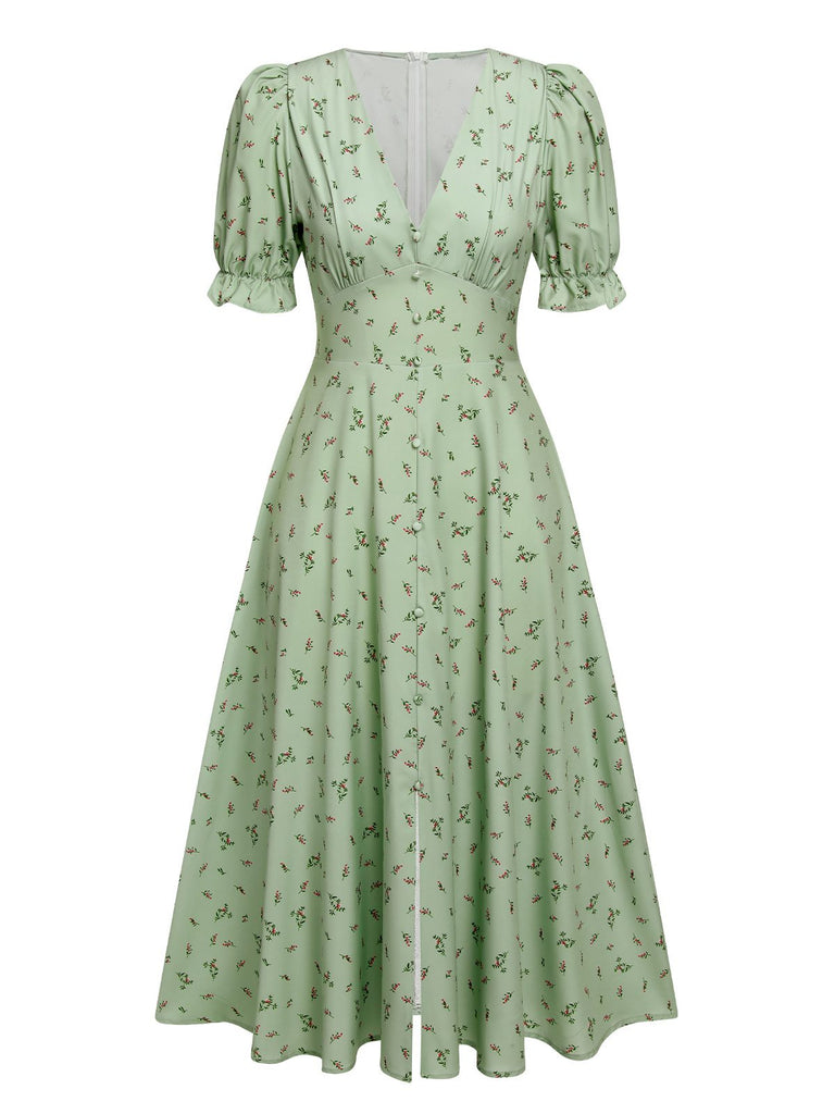 Abito maniche a lanterna scollo a V floreali verde anni '40