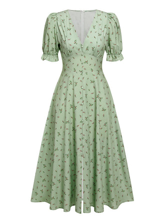 Abito maniche a lanterna scollo a V floreali verde anni '40