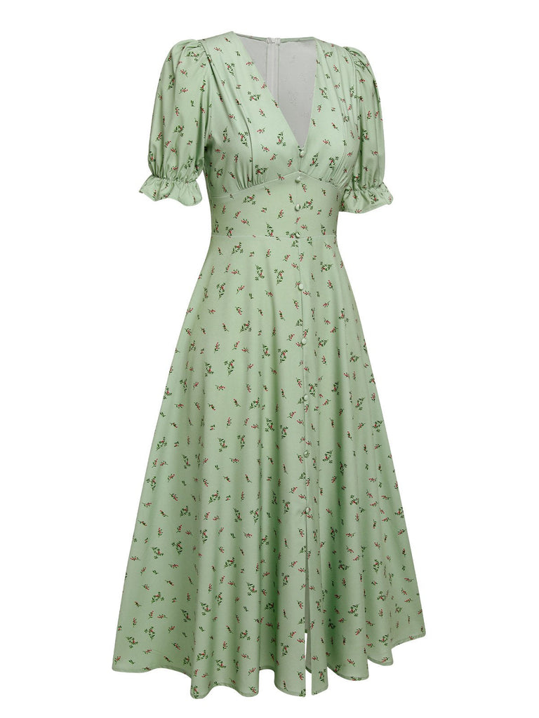Abito maniche a lanterna scollo a V floreali verde anni '40