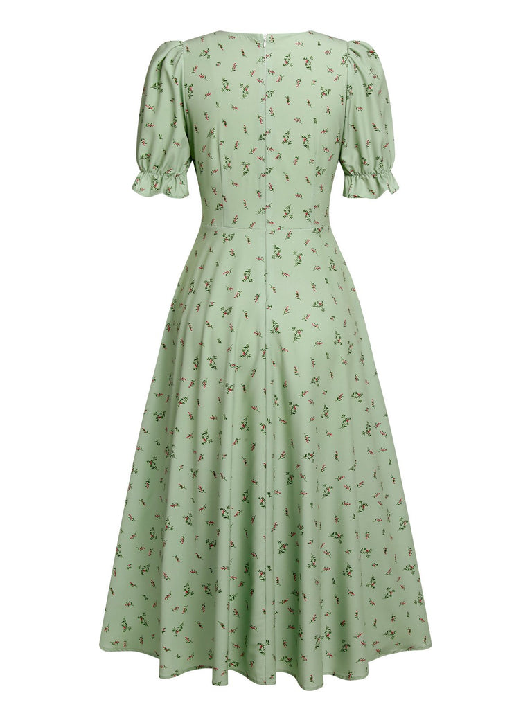 Abito maniche a lanterna scollo a V floreali verde anni '40