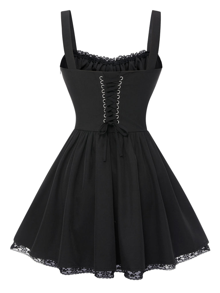 Abito gotico in pizzo spalline sottili nero anni '50